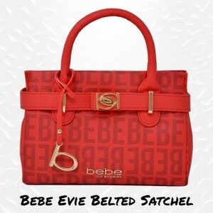 BEBE Evie Vegan Leather Small RED Logo Satchel w/Double Handles & Strap NWT
